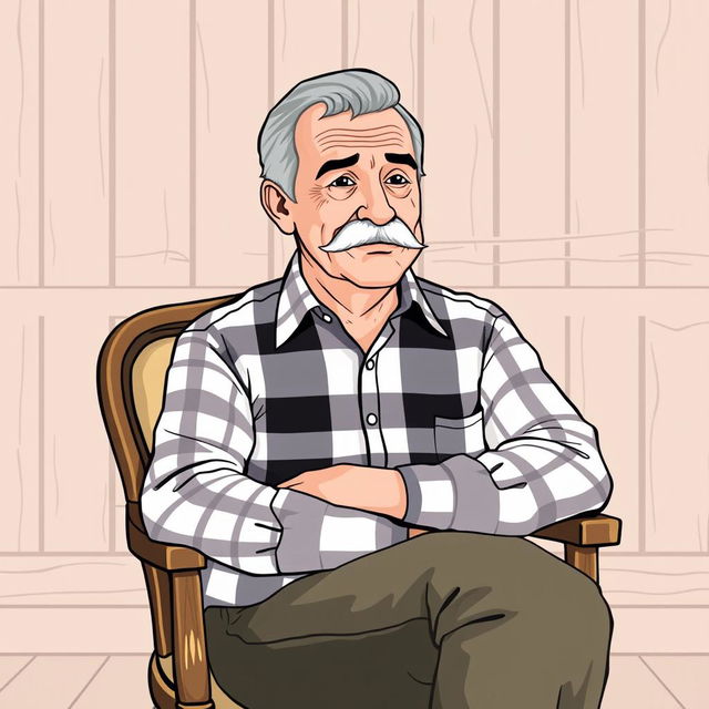 A vector illustration of an older man with a round face and mustache, wearing a checkered shirt