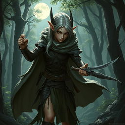 stealthy Rogue High Elf poised for action, slender figure with pointed ears and silver hair, leather armor adorned with intricate elven designs, poised with a dagger in hand, cloak billowing in the breeze as they hide in the shadows of an ancient forest, moonlight casting dappled patterns on the forest floor, eyes narrow and focused