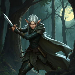 stealthy Rogue High Elf poised for action, slender figure with pointed ears and silver hair, leather armor adorned with intricate elven designs, poised with a dagger in hand, cloak billowing in the breeze as they hide in the shadows of an ancient forest, moonlight casting dappled patterns on the forest floor, eyes narrow and focused