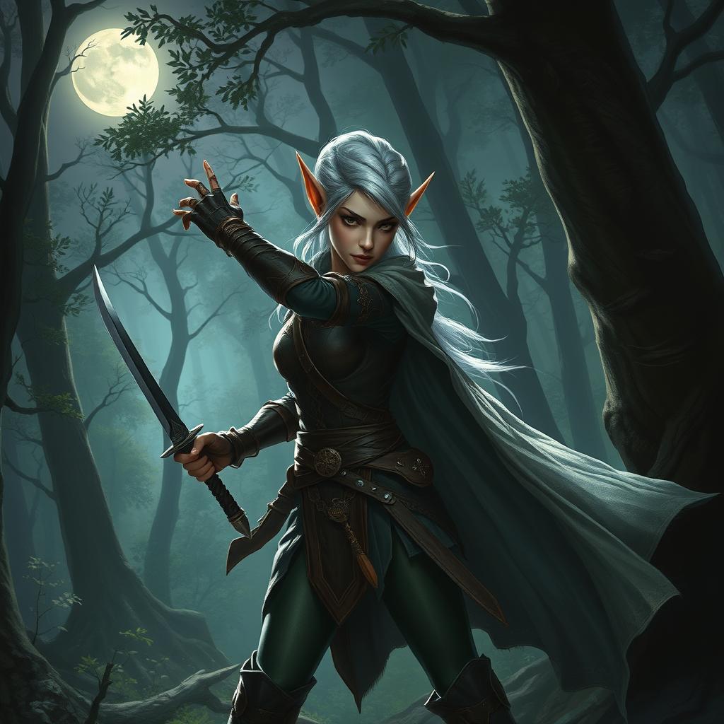 stealthy Rogue High Elf poised for action, slender figure with pointed ears and silver hair, leather armor adorned with intricate elven designs, poised with a dagger in hand, cloak billowing in the breeze as they hide in the shadows of an ancient forest, moonlight casting dappled patterns on the forest floor, eyes narrow and focused