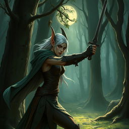 stealthy Rogue High Elf poised for action, slender figure with pointed ears and silver hair, leather armor adorned with intricate elven designs, poised with a dagger in hand, cloak billowing in the breeze as they hide in the shadows of an ancient forest, moonlight casting dappled patterns on the forest floor, eyes narrow and focused