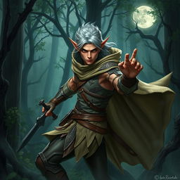 stealthy male Rogue High Elf poised for action, lean and agile figure with pointed ears and silver hair, wearing leather armor adorned with intricate elven designs, poised with a dagger in hand, cloak billowing in the breeze as he hides in the shadows of an ancient forest, moonlight casting dappled patterns on the forest floor, eyes narrow and focused