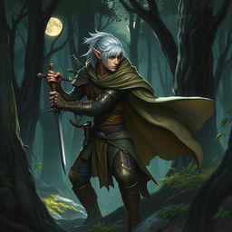 stealthy male Rogue High Elf poised for action, lean and agile figure with pointed ears and silver hair, wearing leather armor adorned with intricate elven designs, poised with a dagger in hand, cloak billowing in the breeze as he hides in the shadows of an ancient forest, moonlight casting dappled patterns on the forest floor, eyes narrow and focused