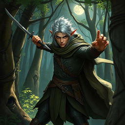 stealthy male Rogue High Elf poised for action, lean and agile figure with pointed ears and silver hair, wearing leather armor adorned with intricate elven designs, poised with a dagger in hand, cloak billowing in the breeze as he hides in the shadows of an ancient forest, moonlight casting dappled patterns on the forest floor, eyes narrow and focused