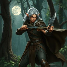 stealthy male Rogue High Elf poised for action, lean and agile figure with pointed ears and silver hair, wearing leather armor adorned with intricate elven designs, poised with a dagger in hand, cloak billowing in the breeze as he hides in the shadows of an ancient forest, moonlight casting dappled patterns on the forest floor, eyes narrow and focused