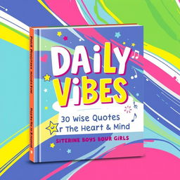 A vibrant and playful book cover design for 'Daily Vibes: 30 Wise Quotes for the Heart & Mind', suitable for both boys and girls