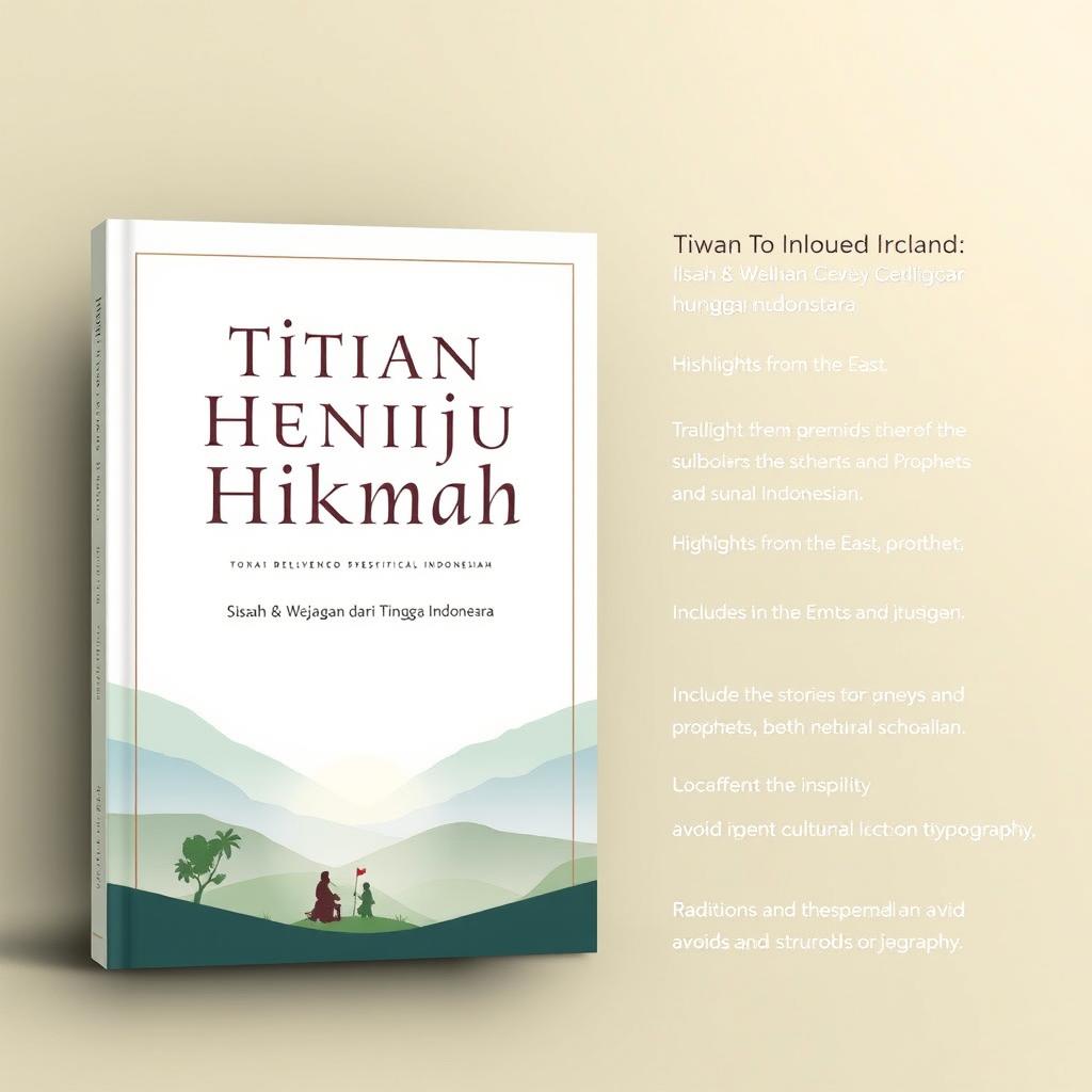 A simple and captivating book cover design for "Titian Menuju Hikmah: Kisah & Wejangan dari Timur hingga Nusantara", featuring a serene and inspiring scene