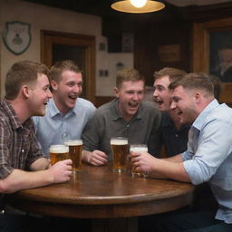 A group of Geordie boys enjoying themselves at a traditional English pub, chatting and laughing with pints of beer