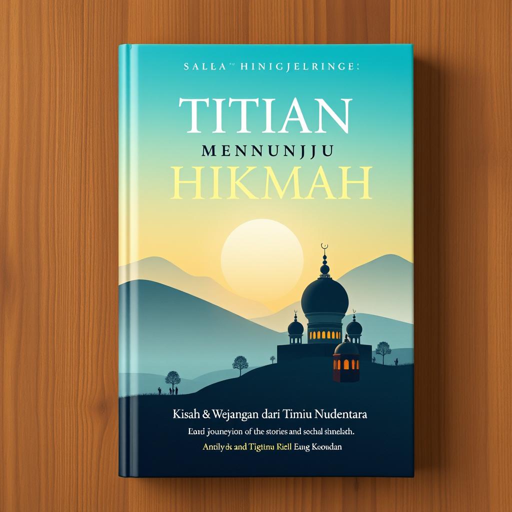 A simple and captivating book cover design for "Titian Menuju Hikmah: Kisah & Wejangan dari Timur hingga Nusantara", featuring a serene and inspiring scene