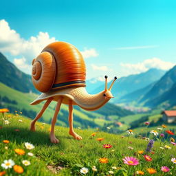 A whimsical and imaginative scene depicting a snail with four legs, leisurely walking through the picturesque landscapes of Switzerland in the summer