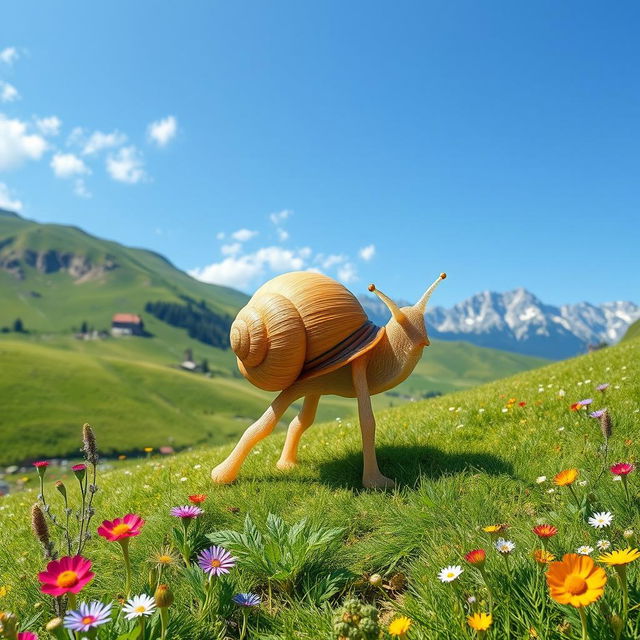 A whimsical and imaginative scene depicting a snail with four legs, leisurely walking through the picturesque landscapes of Switzerland in the summer