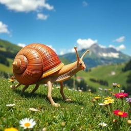 A whimsical and imaginative scene depicting a snail with four legs, leisurely walking through the picturesque landscapes of Switzerland in the summer