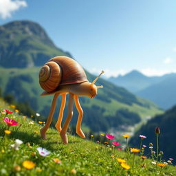 A whimsical and imaginative scene depicting a snail with four legs, leisurely walking through the picturesque landscapes of Switzerland in the summer