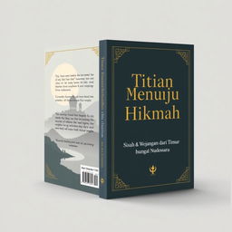 A simple and captivating book cover design for "Titian Menuju Hikmah: Kisah & Wejangan dari Timur hingga Nusantara", featuring a serene and inspiring scene