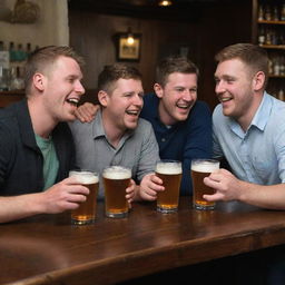 A group of Geordie boys enjoying themselves at a traditional English pub, chatting and laughing with pints of beer