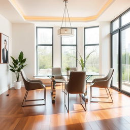 A modern dining room set in a minimalist style without a sofa