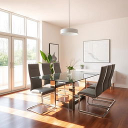 A modern dining room set in a minimalist style without a sofa