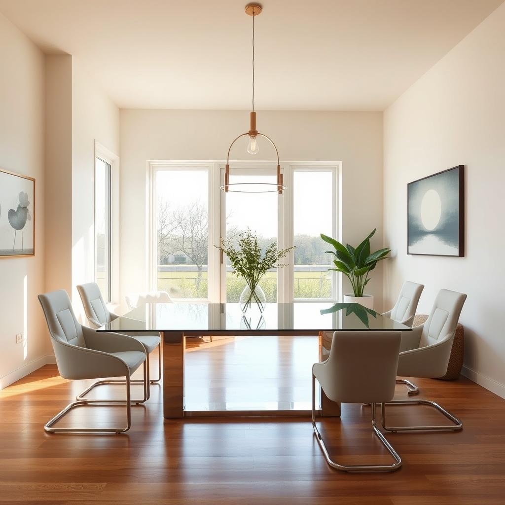 A modern dining room set in a minimalist style without a sofa