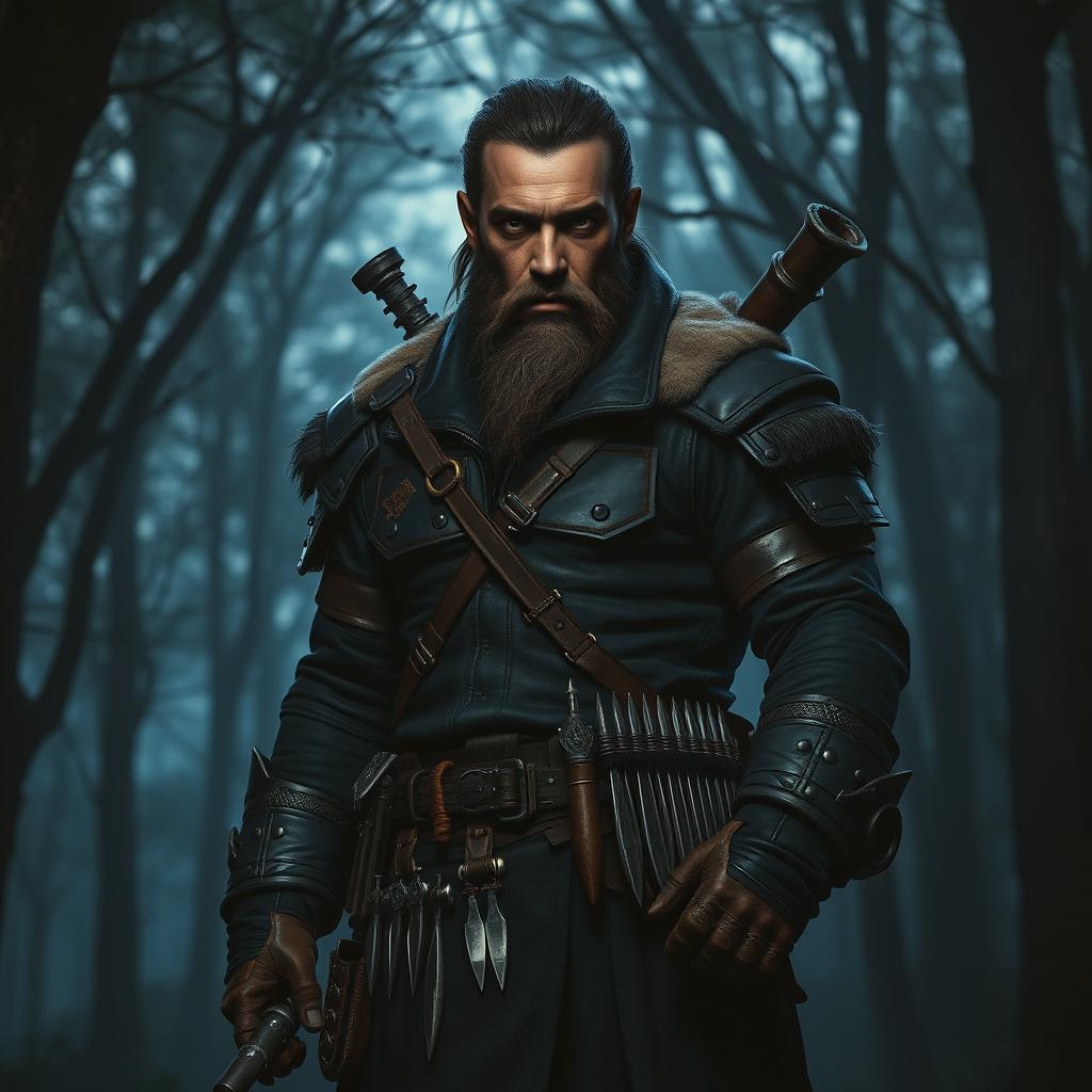 a Firbolg male bounty hunter dressed in dark clothes, rugged and imposing, standing in a dense forest at dusk