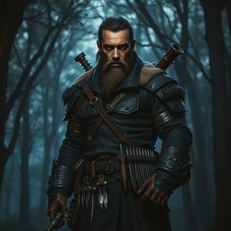 a Firbolg male bounty hunter dressed in dark clothes, rugged and imposing, standing in a dense forest at dusk