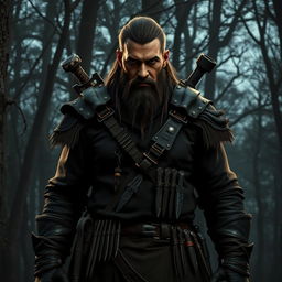 a Firbolg male bounty hunter dressed in dark clothes, rugged and imposing, standing in a dense forest at dusk