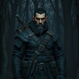 a Firbolg male bounty hunter dressed in dark clothes, rugged and imposing, standing in a dense forest at dusk