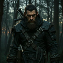 a Firbolg male bounty hunter dressed in dark clothes, rugged and imposing, standing in a dense forest at dusk