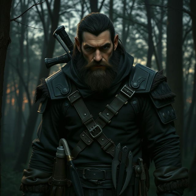 a Firbolg male bounty hunter dressed in dark clothes, rugged and imposing, standing in a dense forest at dusk