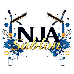 A long design featuring the text "NJA Sablon" in a sleek, modern font, set against a theme of contemporary screen printing