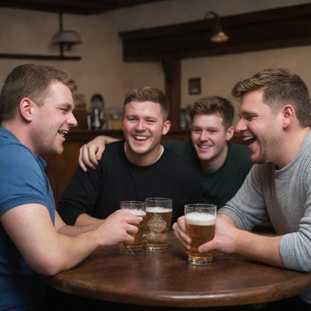 A group of Geordie boys enjoying themselves at a traditional English pub, chatting and laughing with pints of beer