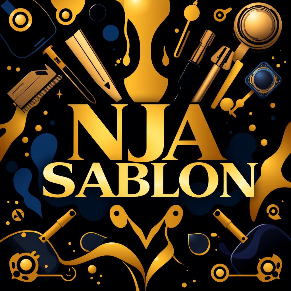 A long design featuring the text "NJA Sablon" in a sleek, modern font, set against a theme of contemporary screen printing