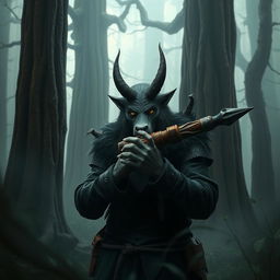 A firbolg male bounty hunter with animal face features, clad in dark clothes