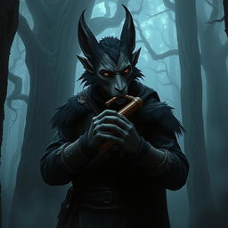 A firbolg male bounty hunter with animal face features, clad in dark clothes