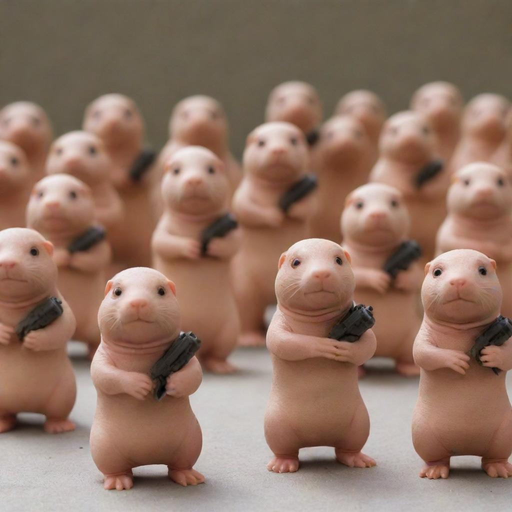 An army of cartoon naked mole rats, each carrying a fun, non-threatening toy machine-gun