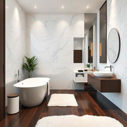 luxurious bathroom interior design showcasing a spacious layout with a sleek freestanding bathtub, stylish ceramic sink, elegant large mirror, and ambient lighting