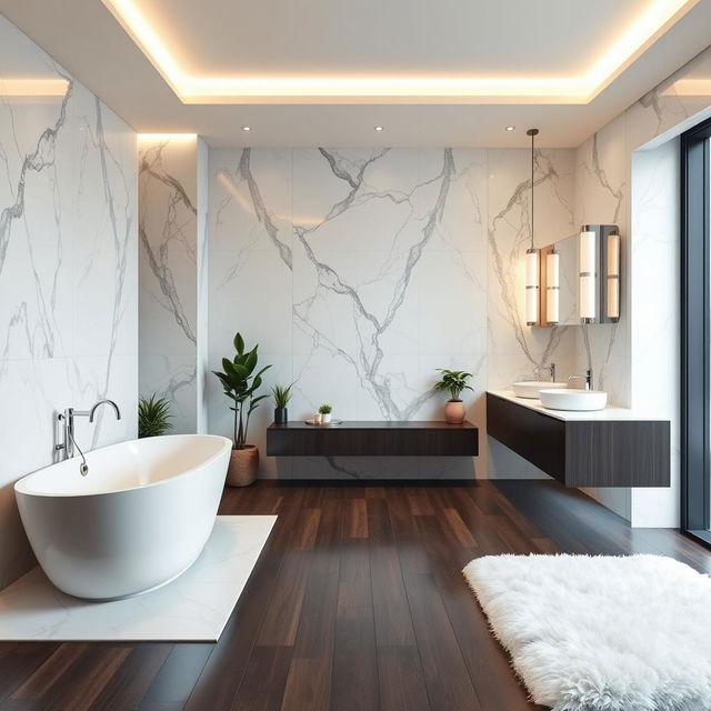 luxurious bathroom interior design showcasing a spacious layout with a sleek freestanding bathtub, stylish ceramic sink, elegant large mirror, and ambient lighting