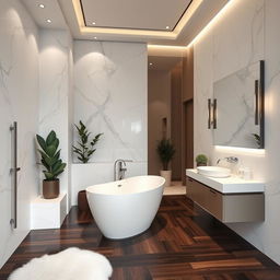 luxurious bathroom interior design showcasing a spacious layout with a sleek freestanding bathtub, stylish ceramic sink, elegant large mirror, and ambient lighting