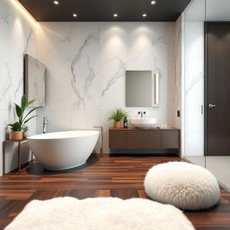 luxurious bathroom interior design showcasing a spacious layout with a sleek freestanding bathtub, stylish ceramic sink, elegant large mirror, and ambient lighting