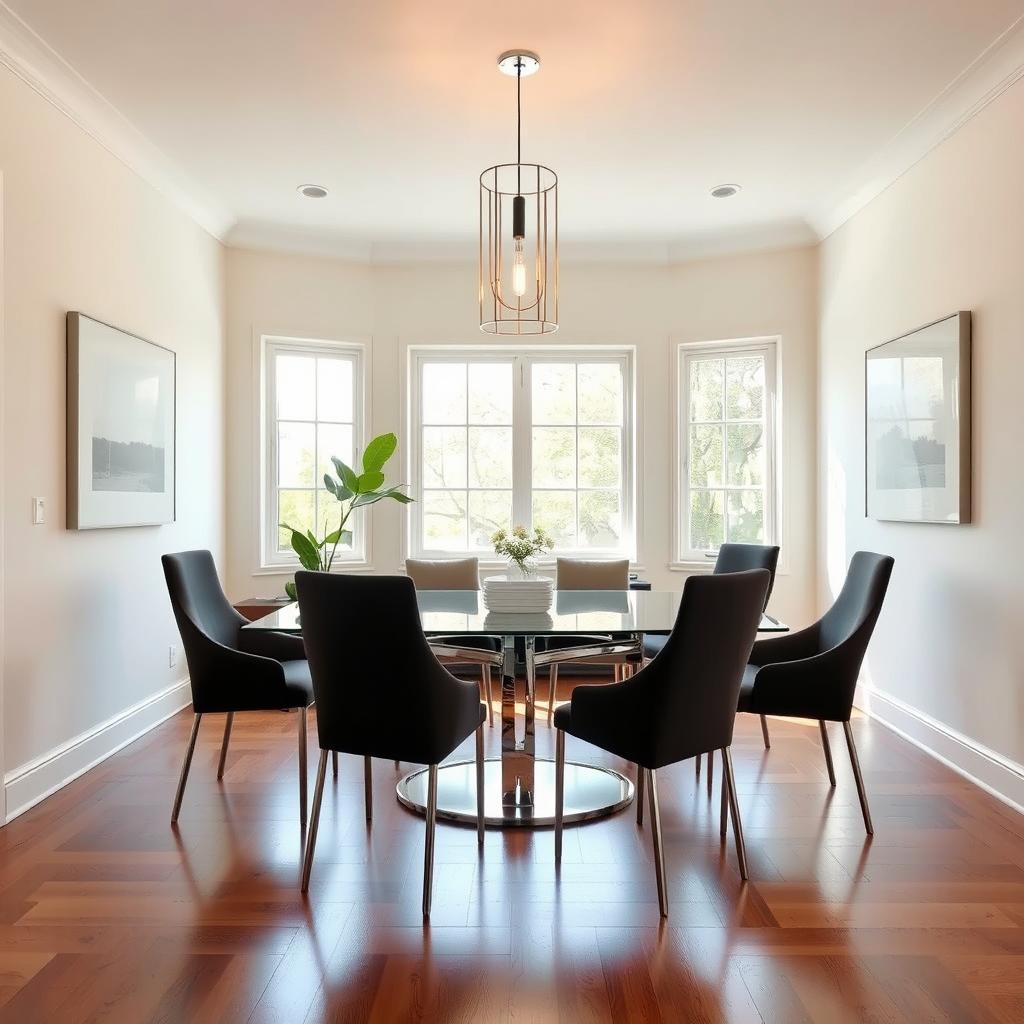 A reimagined dining room in a minimalist style without a sofa