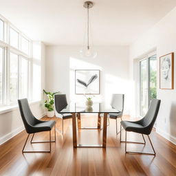 A reimagined dining room in a minimalist style without a sofa