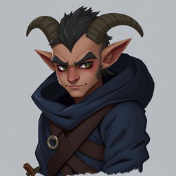 A male Firbolg bounty hunter, wearing dark blue clothes, exuding confidence with a youthful appearance