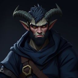 A male Firbolg bounty hunter, wearing dark blue clothes, exuding confidence with a youthful appearance