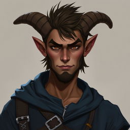 A male Firbolg bounty hunter, wearing dark blue clothes, exuding confidence with a youthful appearance