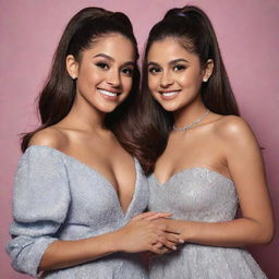 A realistic portrait of Ariana Grande and Selena Gomez together, smiling and posing in a friendly manner