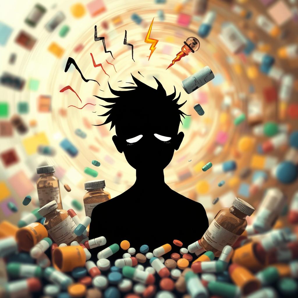 Conceptual depiction of the side effects of a drug, featuring a swirling vortex of pills and medicine bottles around a distressed human silhouette