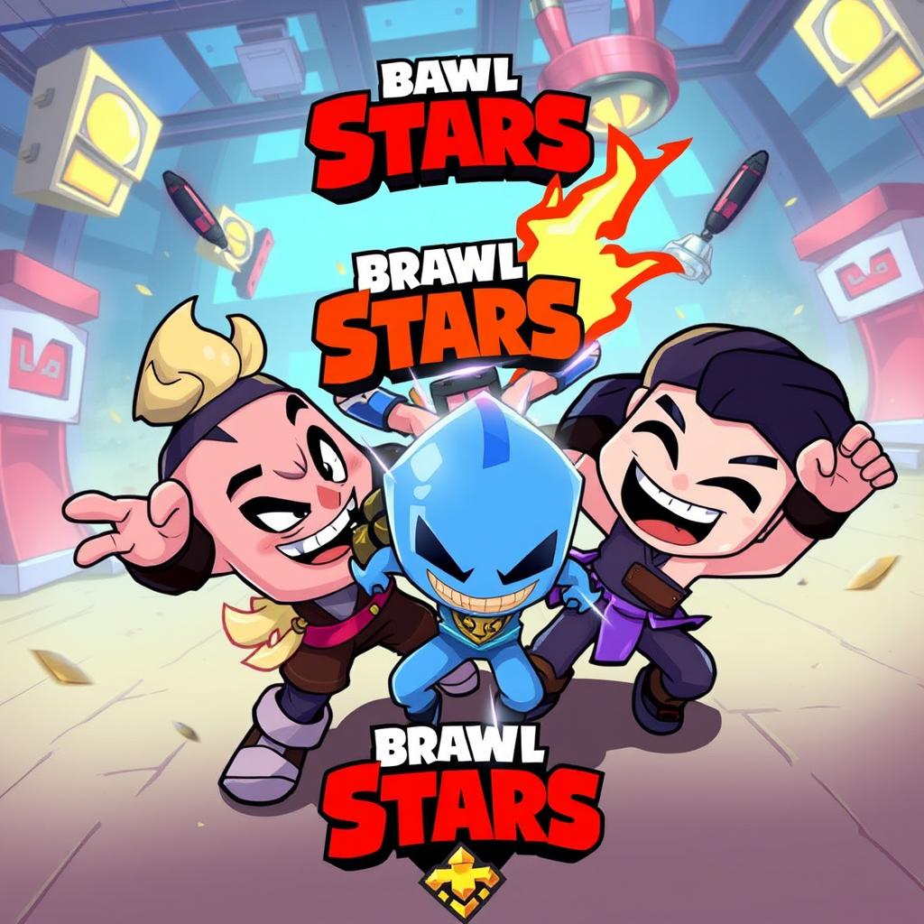 A colorful and dynamic illustration depicting characters from the game Brawl Stars in an action-packed scene