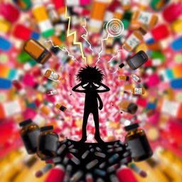 Conceptual depiction of the side effects of a drug, featuring a swirling vortex of pills and medicine bottles around a distressed human silhouette