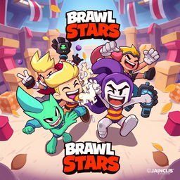 A colorful and dynamic illustration depicting characters from the game Brawl Stars in an action-packed scene