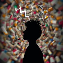 Conceptual depiction of the side effects of a drug, featuring a swirling vortex of pills and medicine bottles around a distressed human silhouette