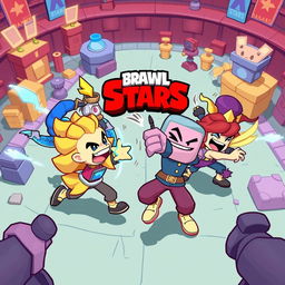 A colorful and dynamic illustration depicting characters from the game Brawl Stars in an action-packed scene